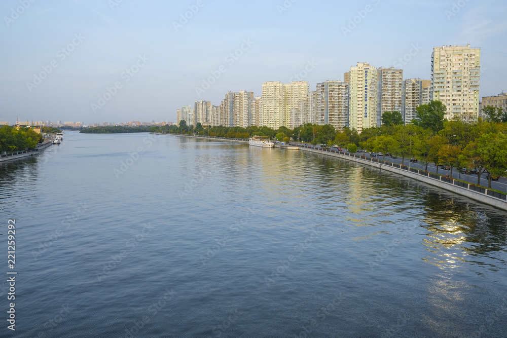 Moscow, Russia - September, 4, 2018: embankment of Moscow river in Nagatinskiy Zaton District near park Kolomenskoye in Moscow Moscow, Russia - September, 4, 2018: embankment of Moscow river in Nagatinskiy Zaton District near park Kolomenskoye in Moscow