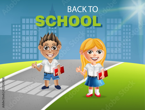 Happy school little girl and boy Vector. Cartoon character detailed illustrat...
