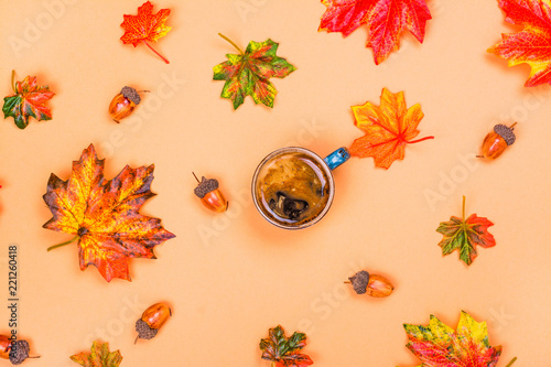 Autumn composition, coffee, leaves