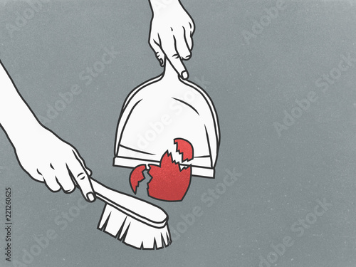 Woman sweeping broken heart into dustpan