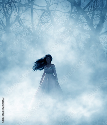 Ghost woman in foggy forest...
