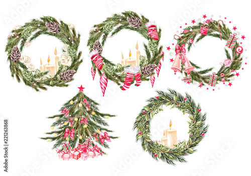 Set with 4 watercolor Christmas wreaths and christmas tree. 