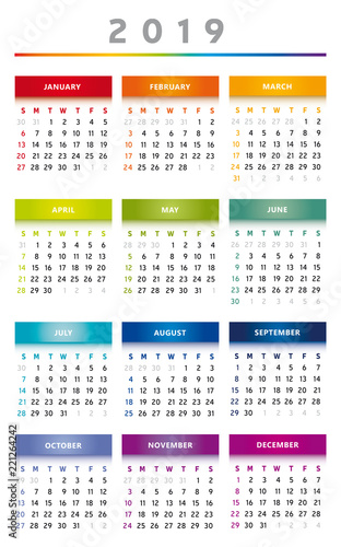 Calendrier 2019 en Anglais - Couleurs Arc-en-Ciel Format 4 Trimestres 3 Colonnes