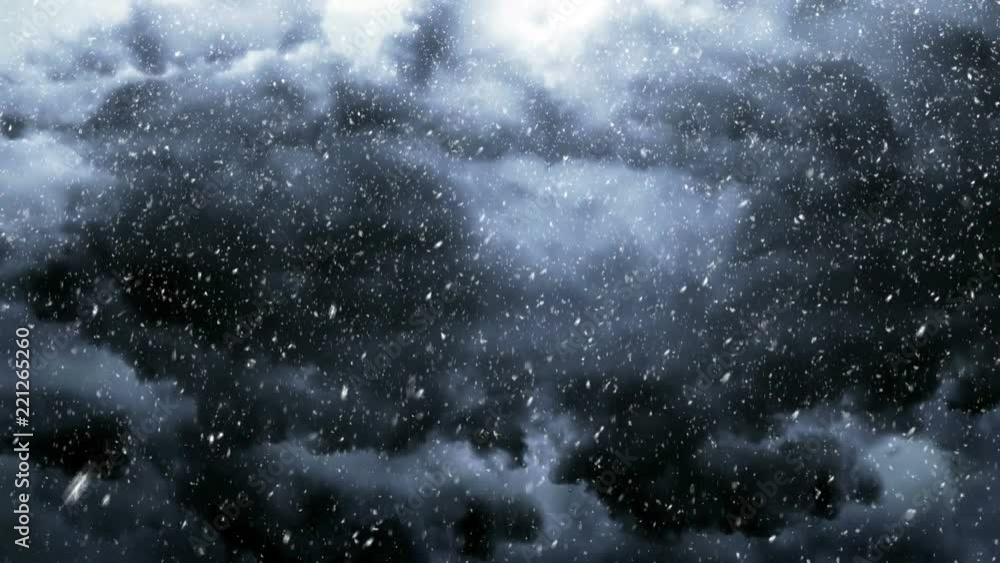 Falling snow and lightning storm sky