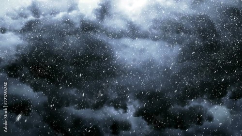 Falling snow and lightning storm sky
