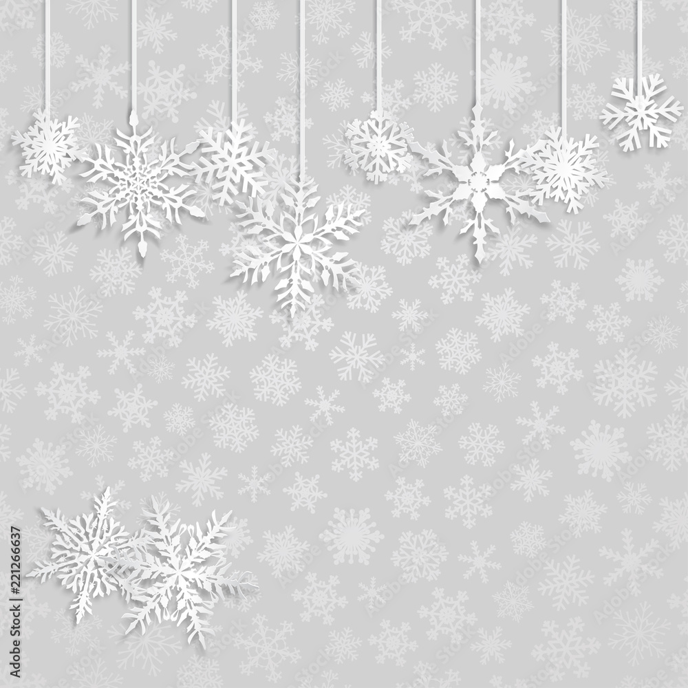 Christmas illustration with white hanging snowflakes on gray background