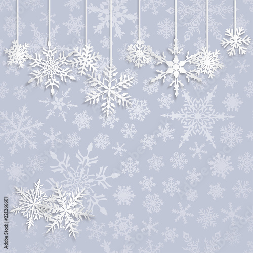 Christmas illustration with white hanging snowflakes on light blue background