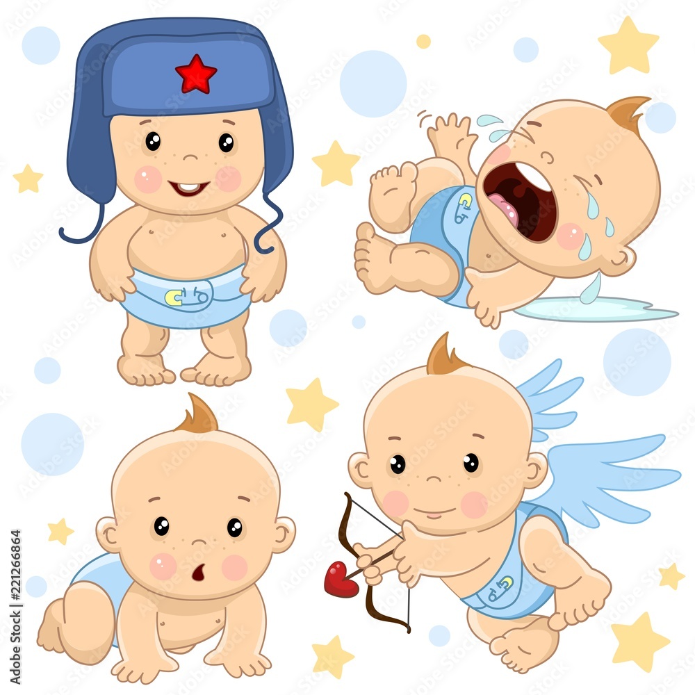 A set of illustrations of icons of baby of children of boy standing in a hat, crying and in hysterics, creeps on all fours, an angel shoots arrows from an onion with a heart. A set of illustrations of icons of baby of children of boy standing in a hat, crying and in hysterics, creeps on all fours, an angel shoots arrows from an onion with a heart.