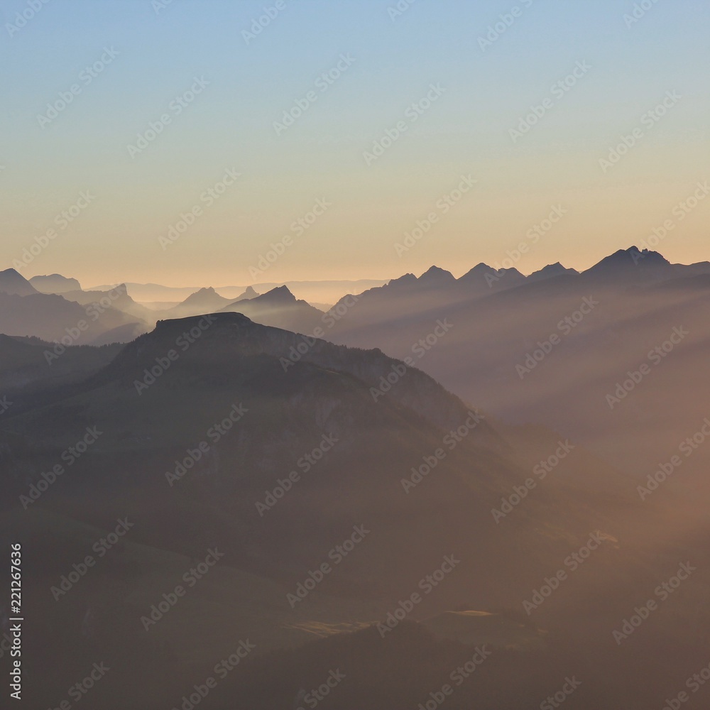 Sunset scene in the Bernese Oberland, Switzerland. View from Mount Niesen.