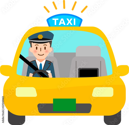 タクシーとハンドルを握る運転手（正面）