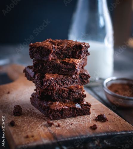 Close-up of homemade chocolate brownies on cutting board