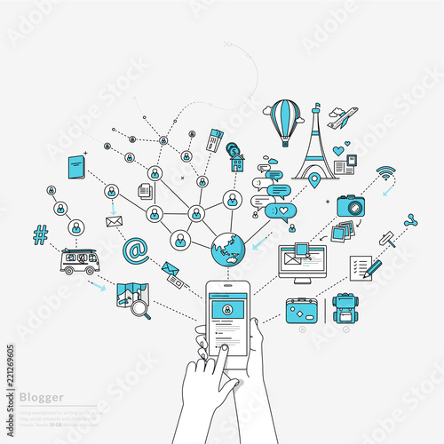 Blogger using smartphone.  Modern illustration in linear style.
