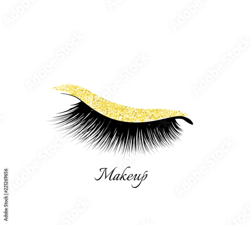 Makeup Eye Shadow. Golden shiny. Closed eye. Natural eyelashes. Glamour make up