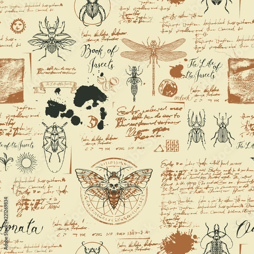 Vector seamless abstract background with insects. Beetles, moths, dragonflies, ink stains, doodles and handwritten inscriptions on the old manuscripts. Can be used as retro Wallpaper, wrapping paper