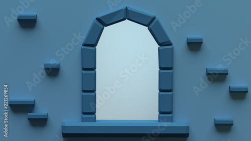 3D render Illustration. Cartoon arched window of ancient castle. Concept of fairy tales for children.