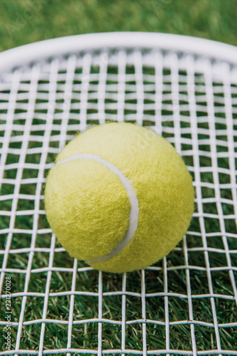 close up view of tennis ball on racket lying on green lawn © LIGHTFIELD STUDIOS