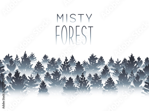 Misty coniferous forest sihouette on white background