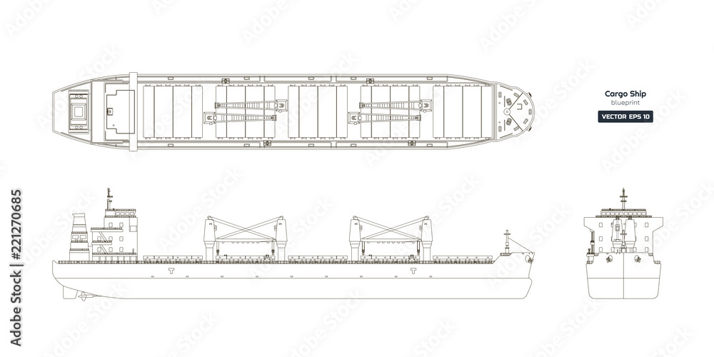 Obraz premium Outline drawing of cargo ship on a white background. Top, side and front view of tanker. Container boat blueprint