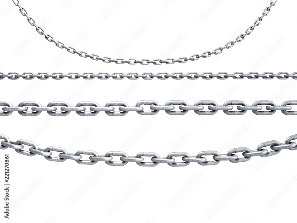 collection of seamless metal chains colored silver 3d render on white