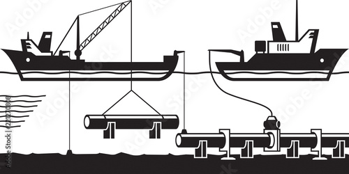 Construction of pipeline on bottom of sea - vector illustration