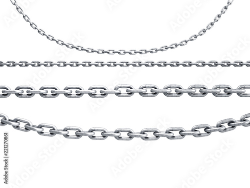 collection of seamless metal chains colored silver 3d render on white