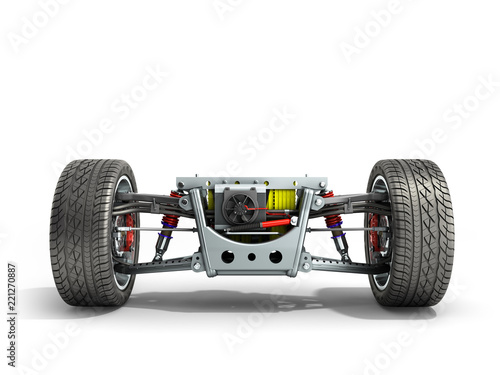 electric car cystem wheelbase with electric vehicle drive system and battery pack 3d render on white