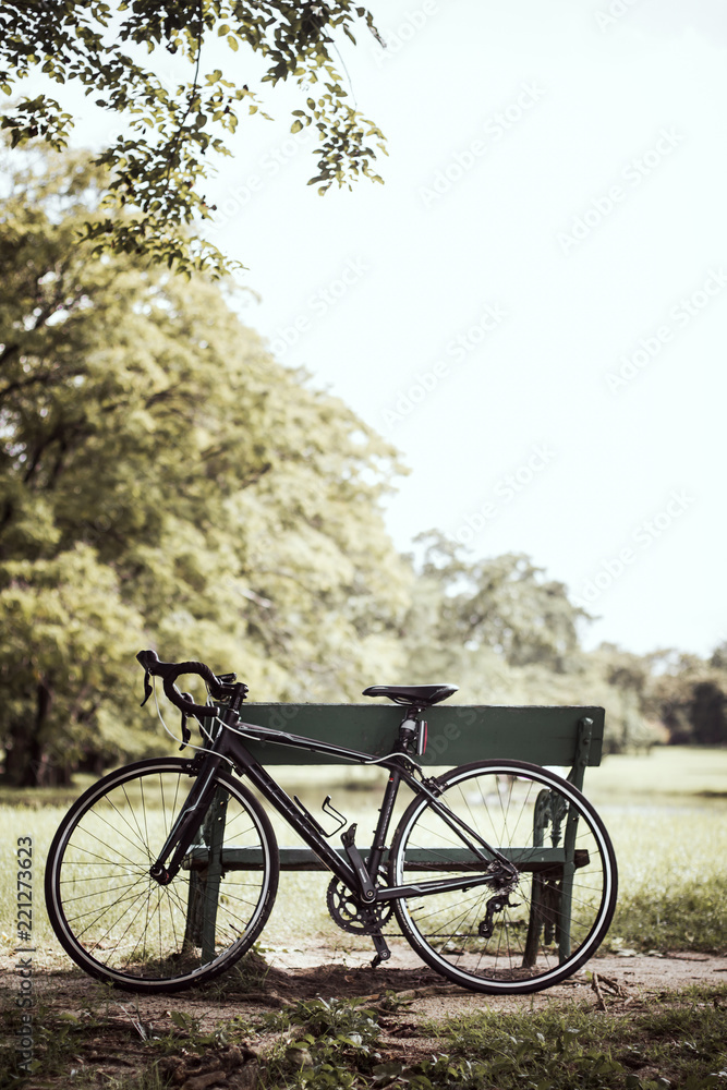 Bike in the park with chair.