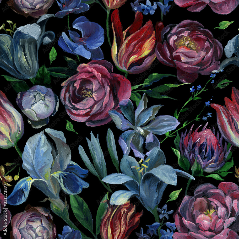 Seamless pattern of different flowers and leaves on black background ...