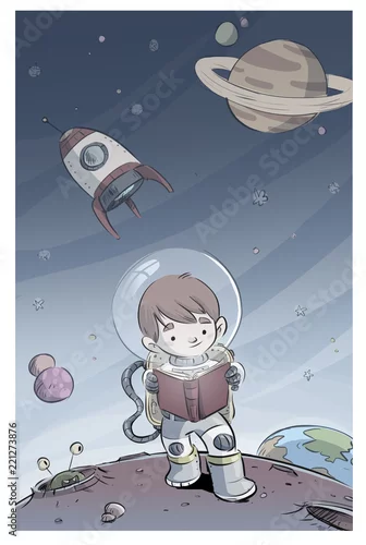 Obraz dziecko astronauta czyta książkę w kosmosie