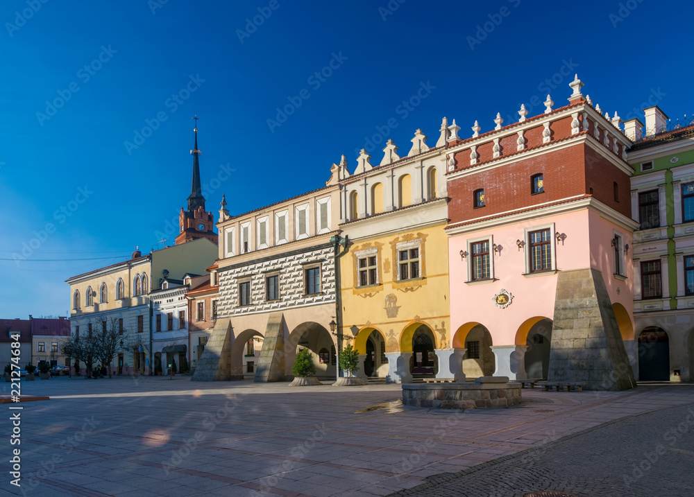Scenic view of renaissance tenement houses on market square of old town in Tarnow, Poland