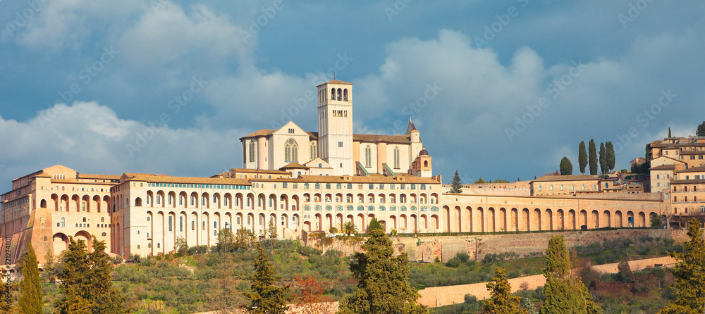 Assisi, large panoramic view of the Basilica of Saint Francis, Umbria, Italy