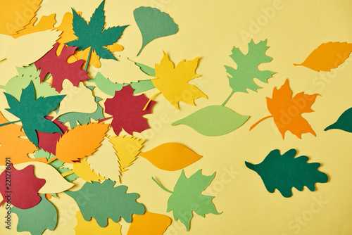 flat lay with colorful papercrafted foliage arranged on yellow background