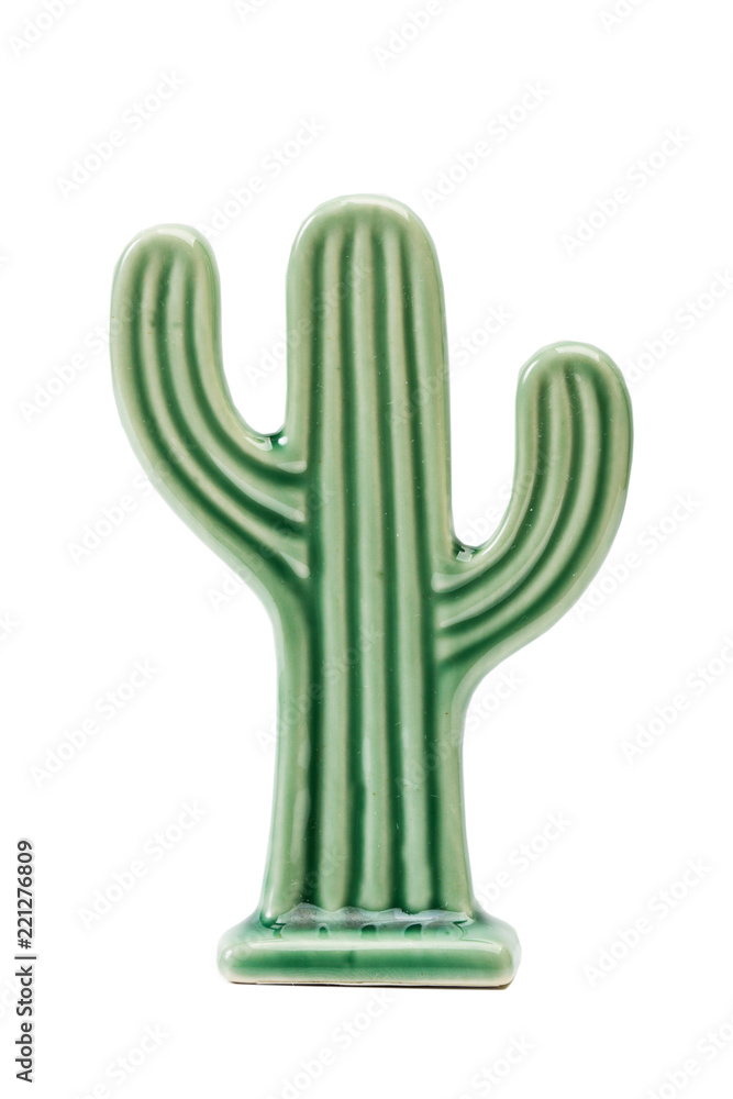 Obraz premium Cactus de cerámica sobre fondo blanco aislado. Vista de frente. Adorno