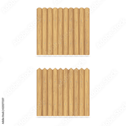 Wooden garden fence made of boards, fastened with metal nails. Vector illustration with shadow