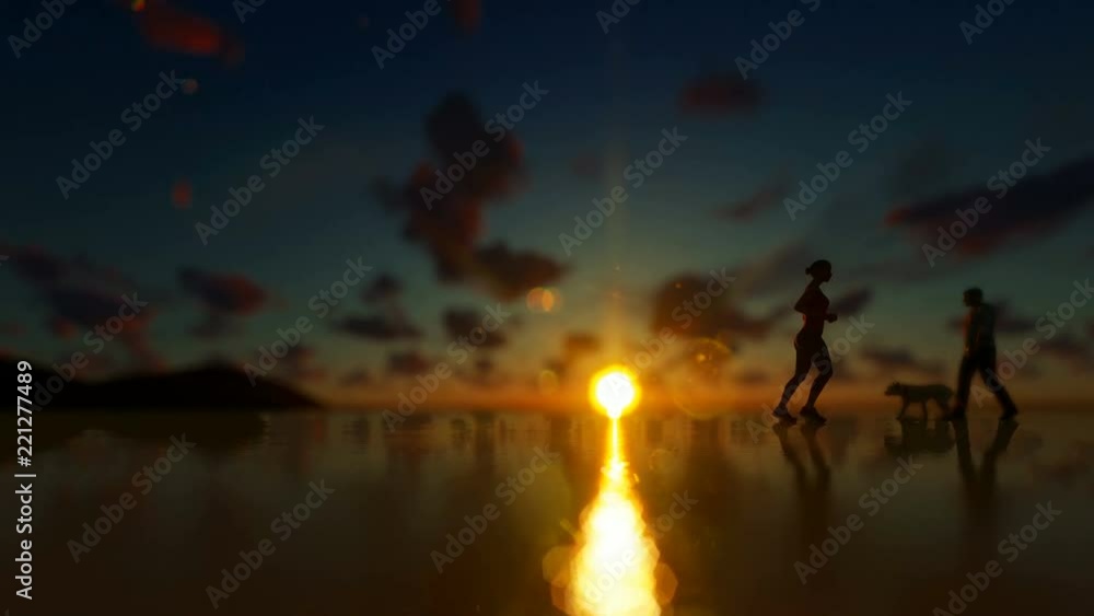 Woman running on the beach and people walking against beautiful sunset, 4K Woman running on the beach and people walking against beautiful sunset, 4K
