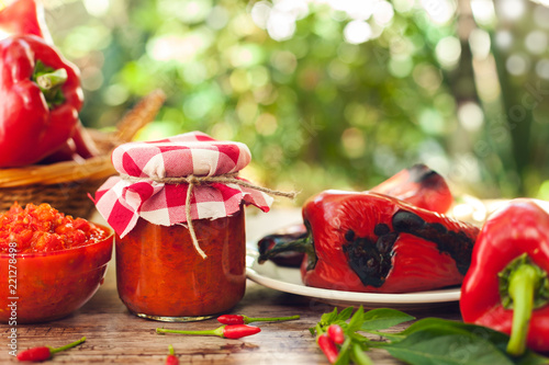 Fotografie Ajvar in jar and glass bowl