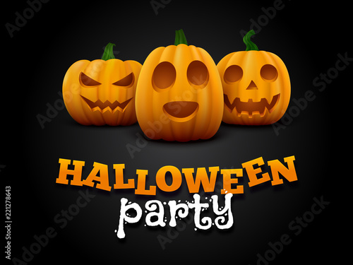 Halloween background with three scary pumpkins. Vector invitation card design for spooky night party.