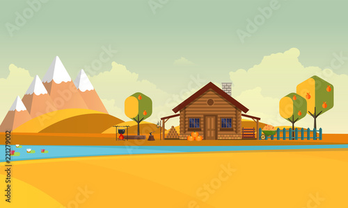 Flat Vector Landscape Illustration in Autumn, with wooden house.
