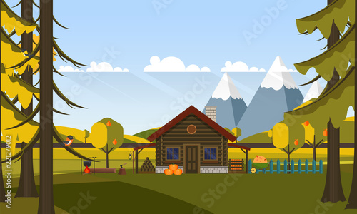 Flat Vector Landscape Illustration in Autumn, with wooden house.
