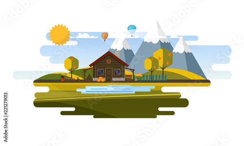 Flat Vector Landscape Illustration in Autumn, with wooden house.
