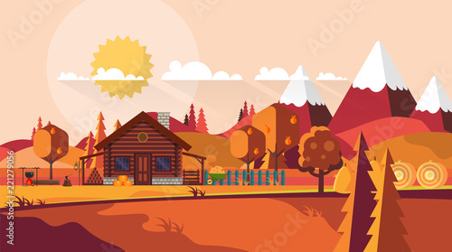 Flat illustration of Countryside Farm Landscape in Autumn. Vector Design.
