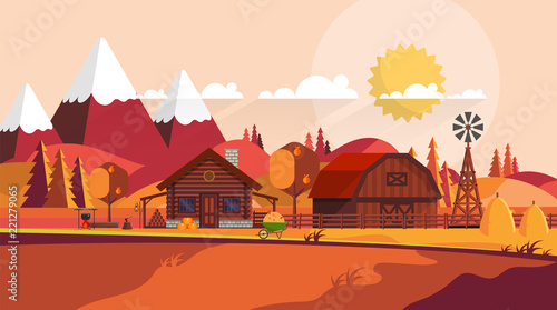 Flat illustration of Countryside Farm Landscape in Autumn. Vector Design.
