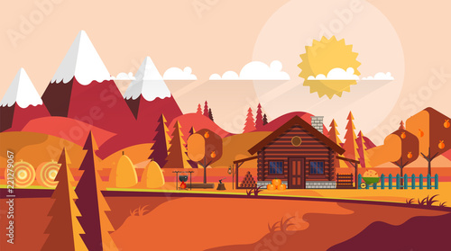 Flat illustration of Countryside Farm Landscape in Autumn. Vector Design.
