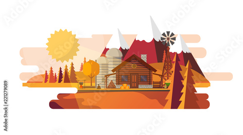 Flat illustration of Countryside Farm Landscape in Autumn. Vector Design.
