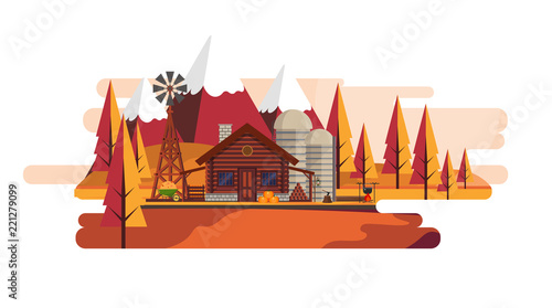 Flat illustration of Countryside Farm Landscape in Autumn. Vector Design.

