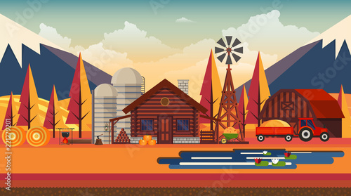 Flat illustration of Countryside Farm Landscape in Autumn. Vector Design.
