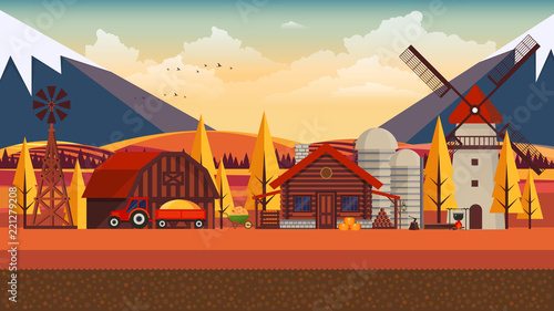 Flat illustration of Countryside Farm Landscape in Autumn. Vector Design.
