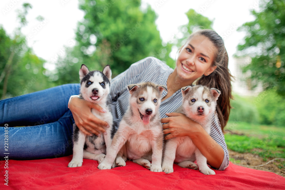 A beautiful smiling woman with a ponytail and wearing a striped shirt is cuddling with three sweet husky puppies while resting on the lawn. Love and care for pets. A beautiful smiling woman with a ponytail and wearing a striped shirt is cuddling with three sweet husky puppies while resting on the lawn. Love and care for pets.