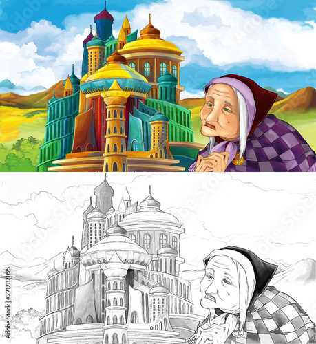 cartoon scene with older woman or witch near beautiful majestic castle - with artisric coloring page - illustration for children photo