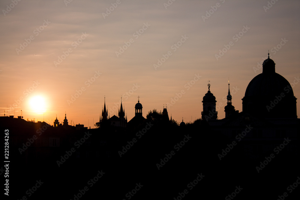 Silhouette of city Prague at sunrise or sunset